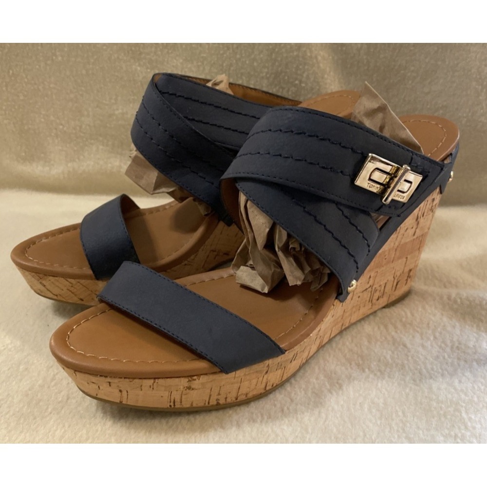 Tommy Hilfiger Women's Size 10 Blue Strappy Cork Wedge Sandals Platform Buckle